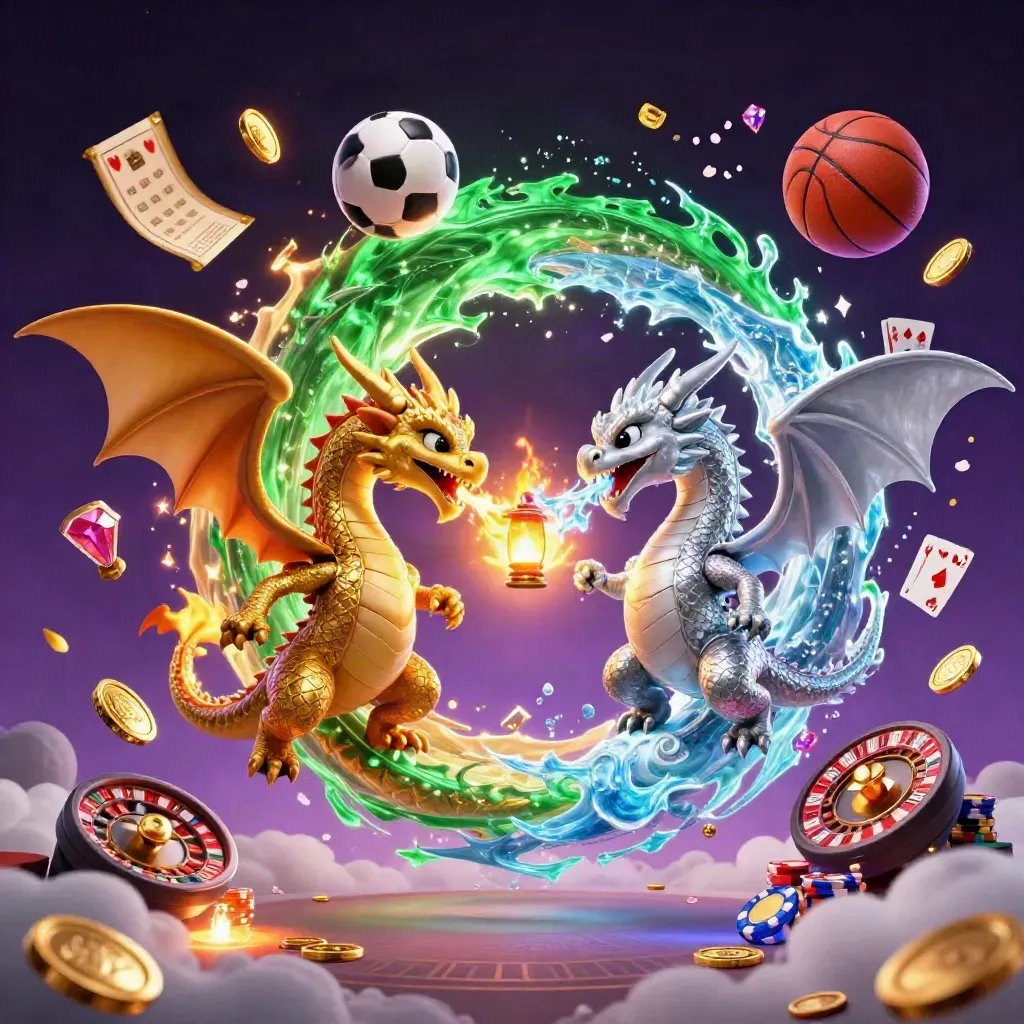Gold and silver dragons spiral with casino gems, cards, chips and sports balls in neon purple glow.