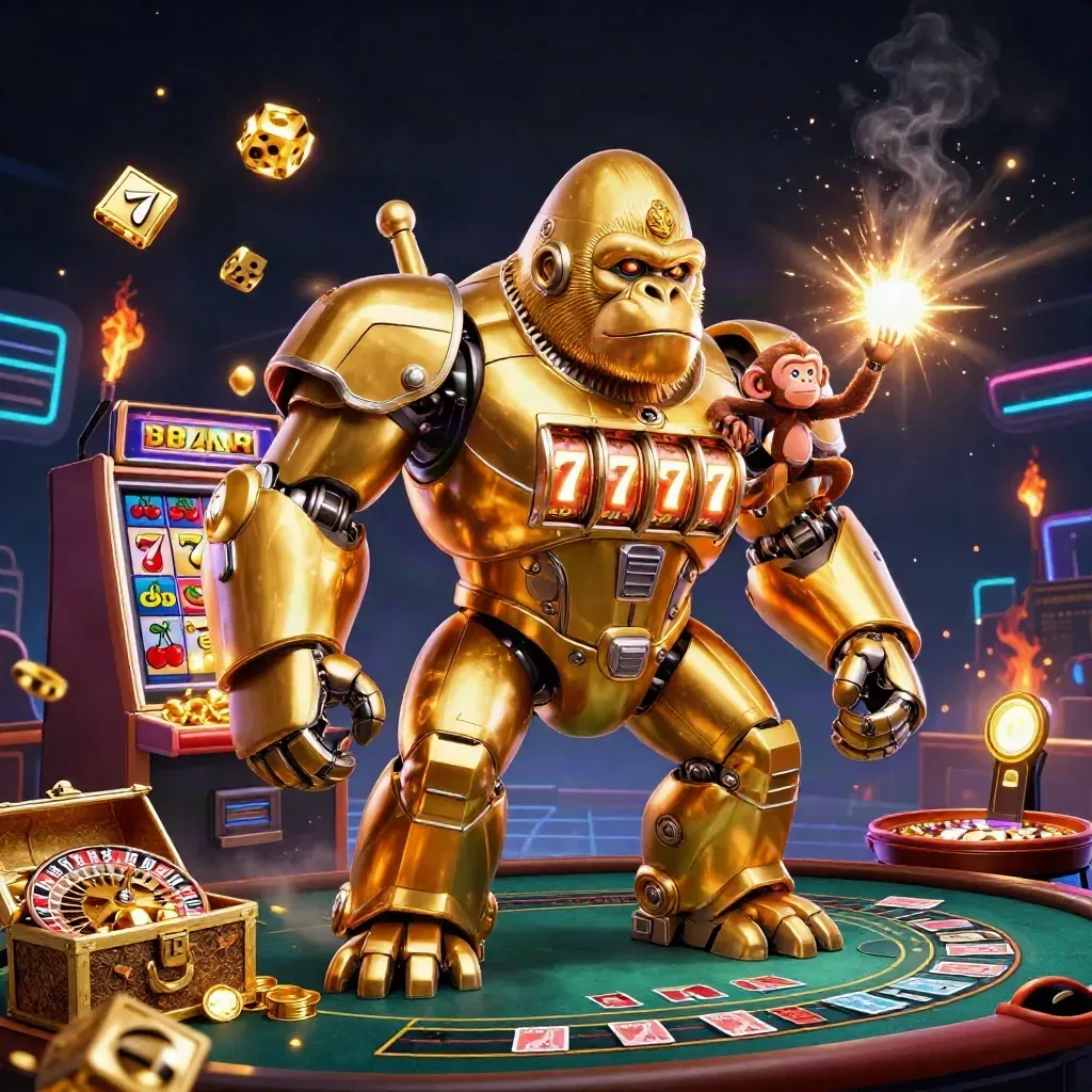 Golden gorilla mech blasts from a slot machine, with a tiny monkey pilot and jackpot symbols.