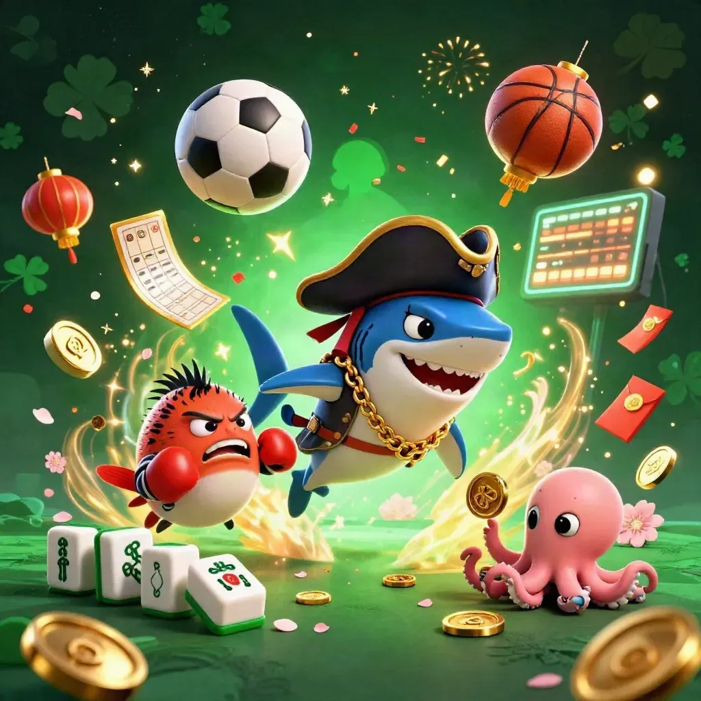 Pirate shark, pufferfish, and octopus amid coins, lanterns, and sports gear in neon casino style.