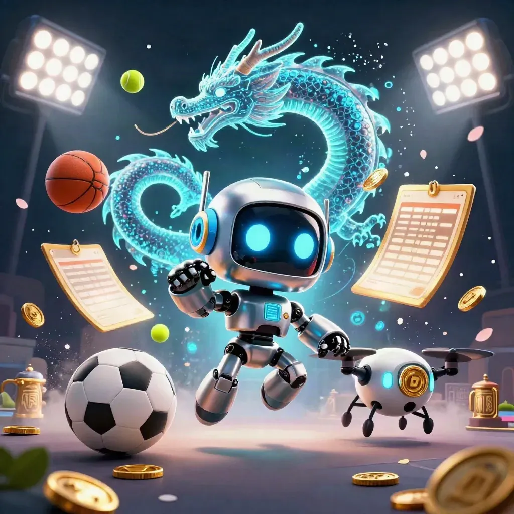Cyberpunk robot, holographic dragon and coin drone amid flying sports balls, trophy and gold sparks