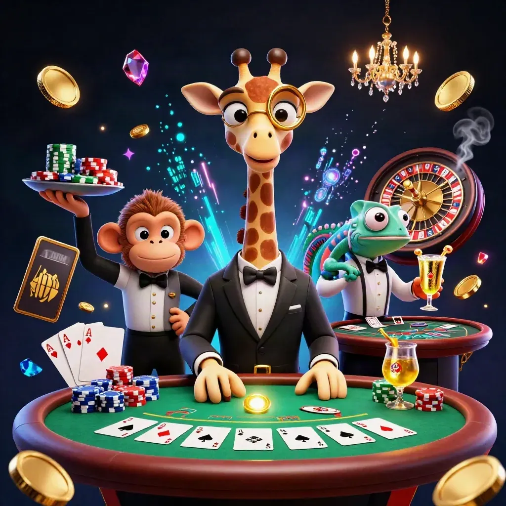 Giraffe, monkey valet, and chameleon bartender in a luxe casino scene with chips and cards