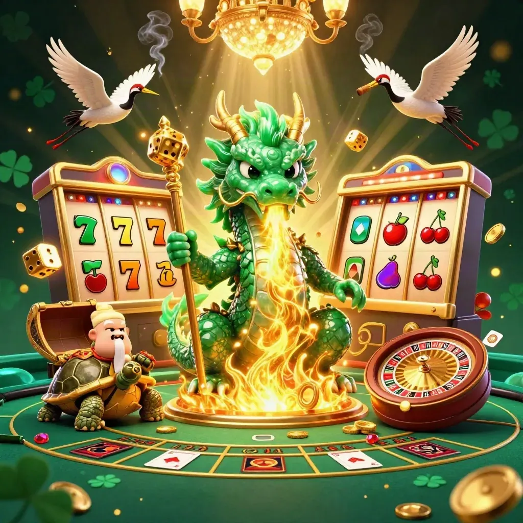 Emerald dragon, sage turtle and cranes amid casino magic, slot machine, roulette and gold light.