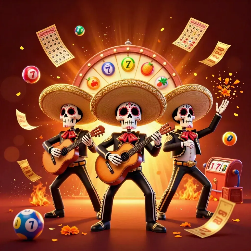 Skeleton mariachi trio blasting jackpot casino props amid ember-lit crimson glow