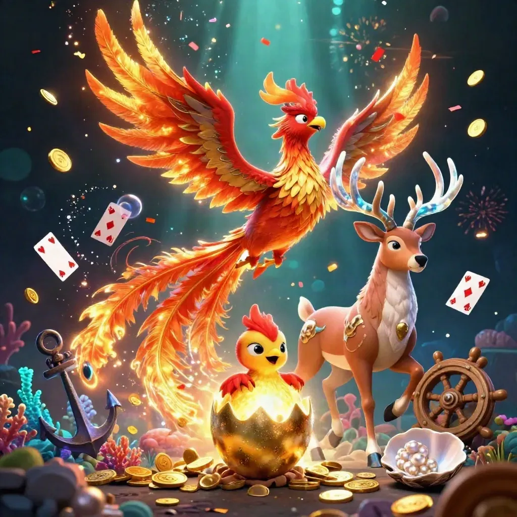 Fire phoenix, baby phoenix, and crystal stag in a treasure cove with coins, coral, and sparkles