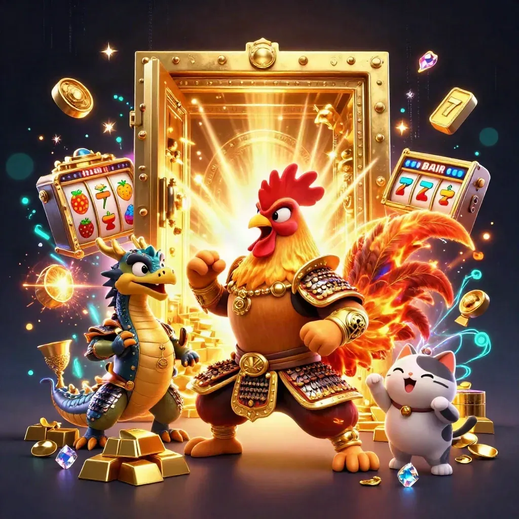 Rooster warrior, dragon hatchling, and fortune cat burst from a gold vault amid gems and emerald light