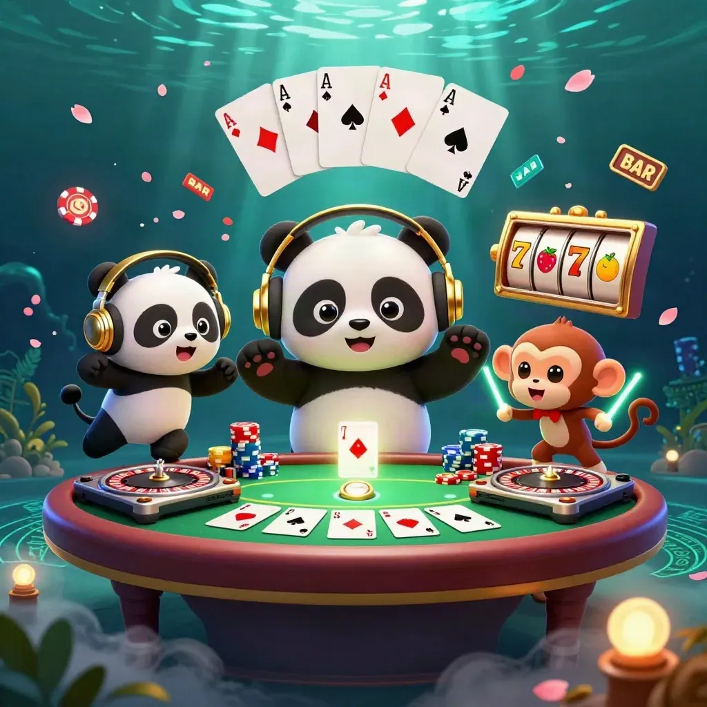 DJ panda, monkey, and glow kitten exploding with casino props in emerald-gold underwater neon.