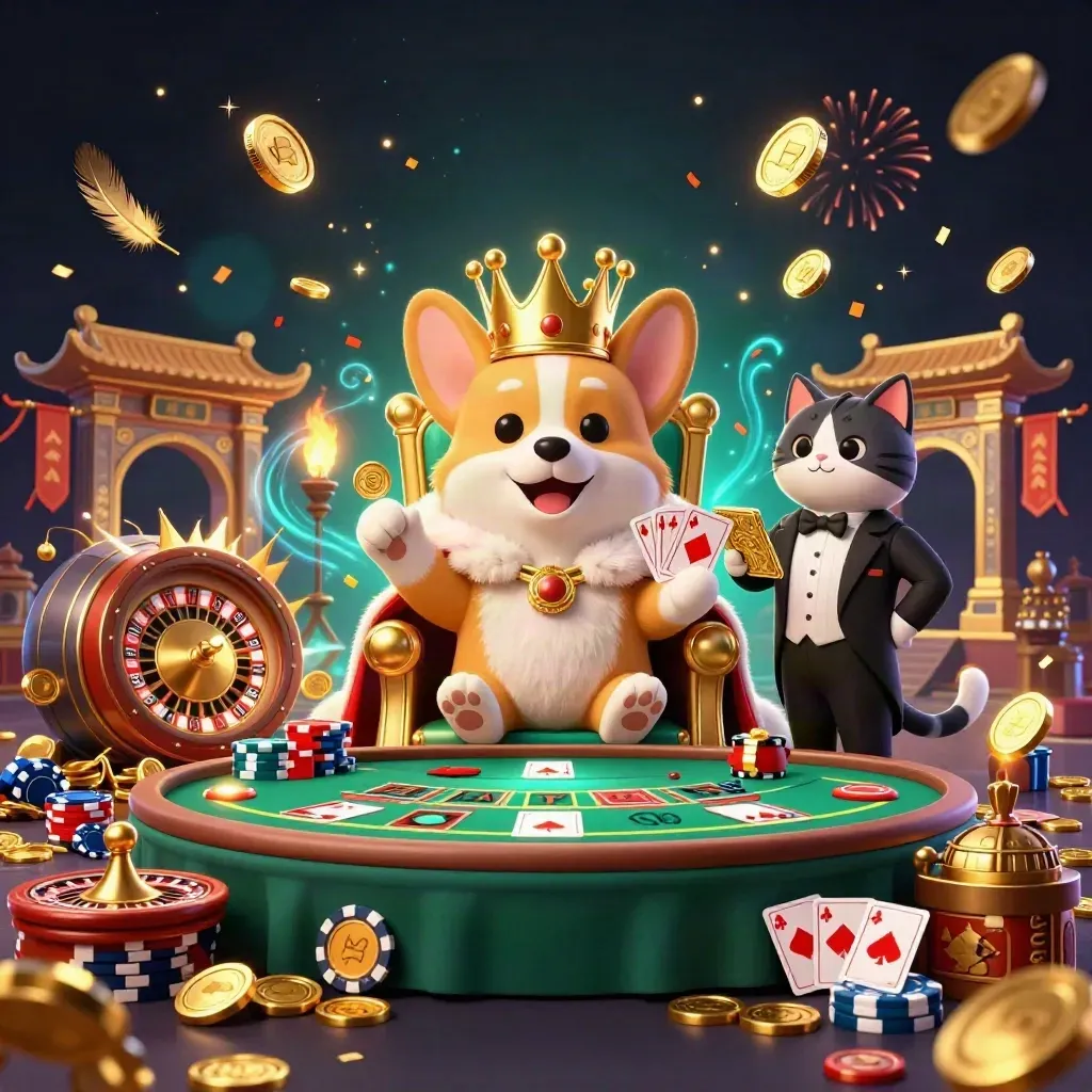 Royal corgi and cat butler amid coins, fireworks, temple gate, and casino treasures