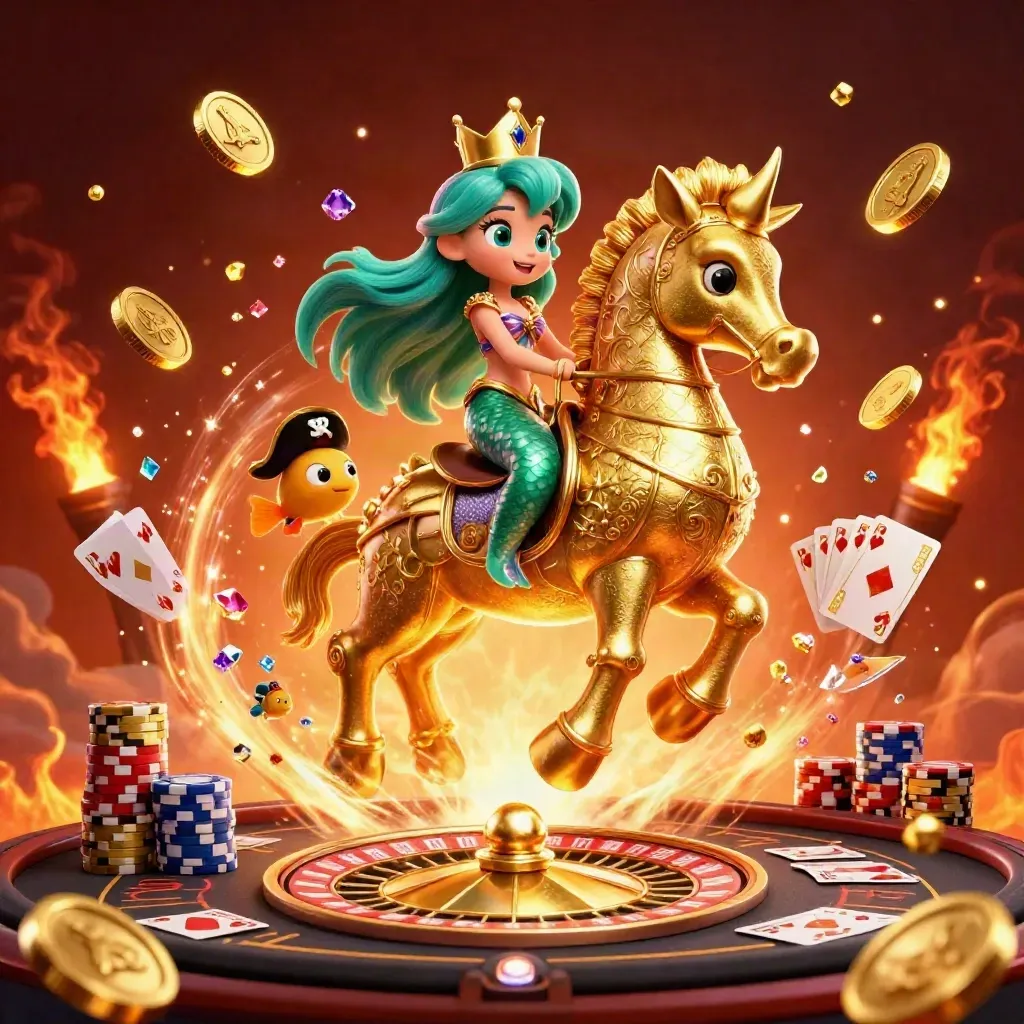 Mermaid princess on armored seahorse amid coins, gems, roulette, and cards in a fiery casino burst