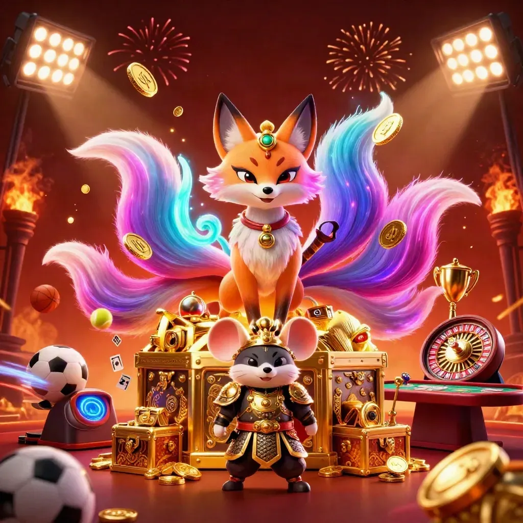Fox spirit and armored mouse amid coins, trophies, roulette, cards, and fireworks in luxe casino colors.