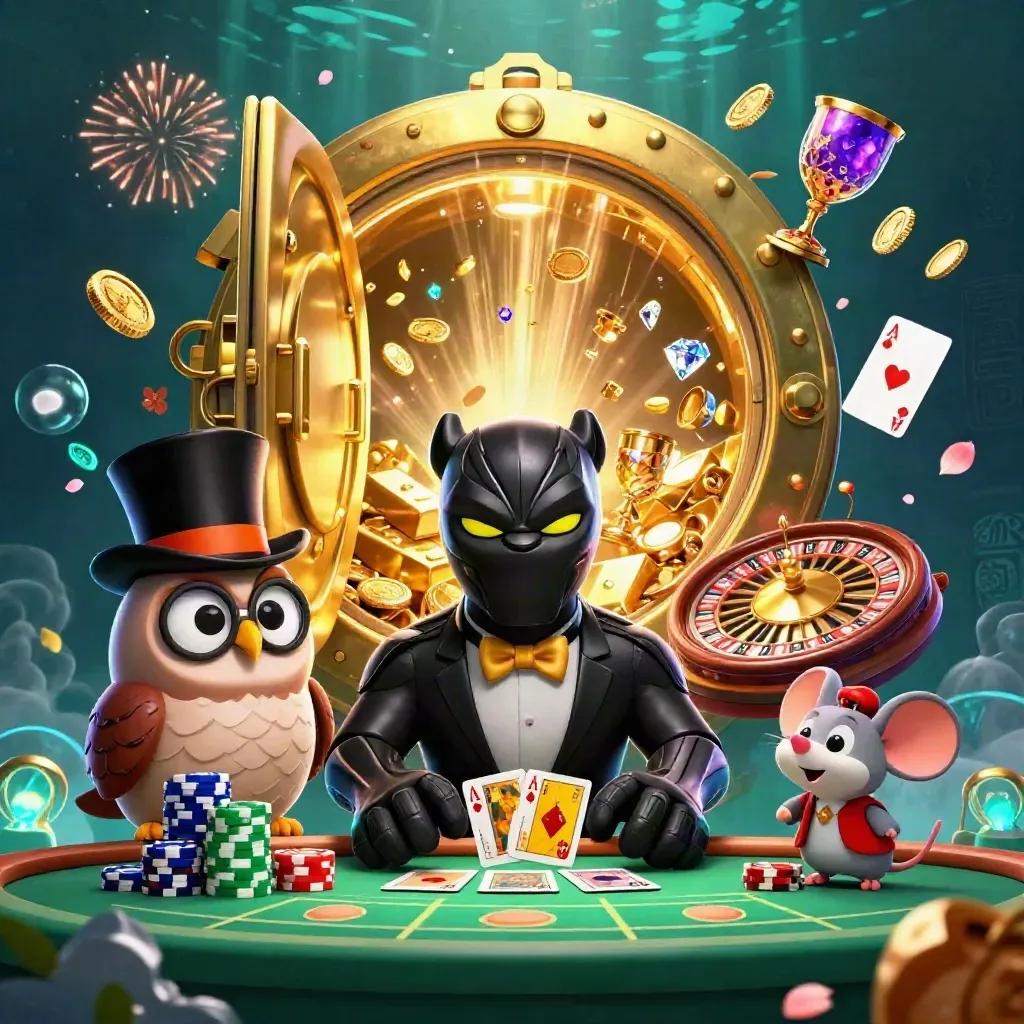 Panther, owl, and mouse celebrating as a vault bursts with coins, gems, and fireworks.
