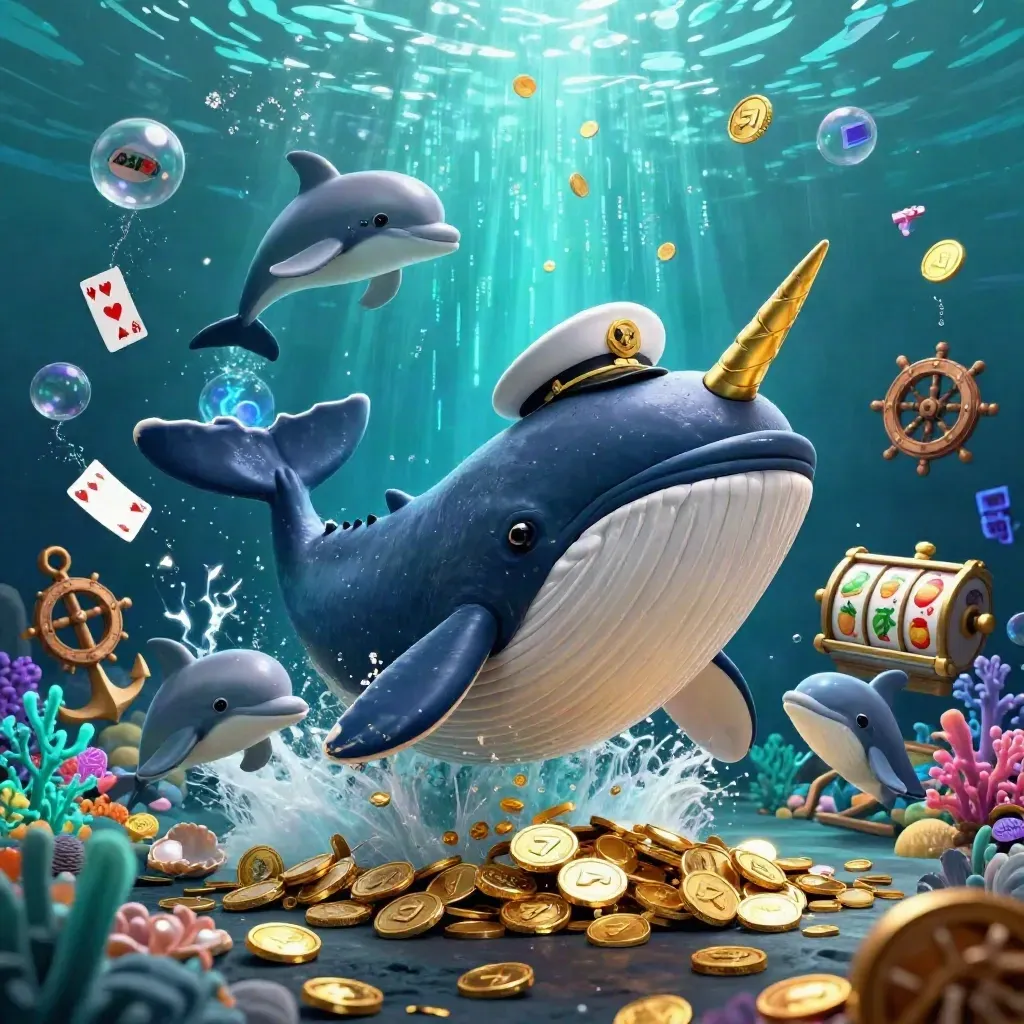 Whale captain, narwhal and dolphins amid casino coins, coral, reels and neon underwater effects.
