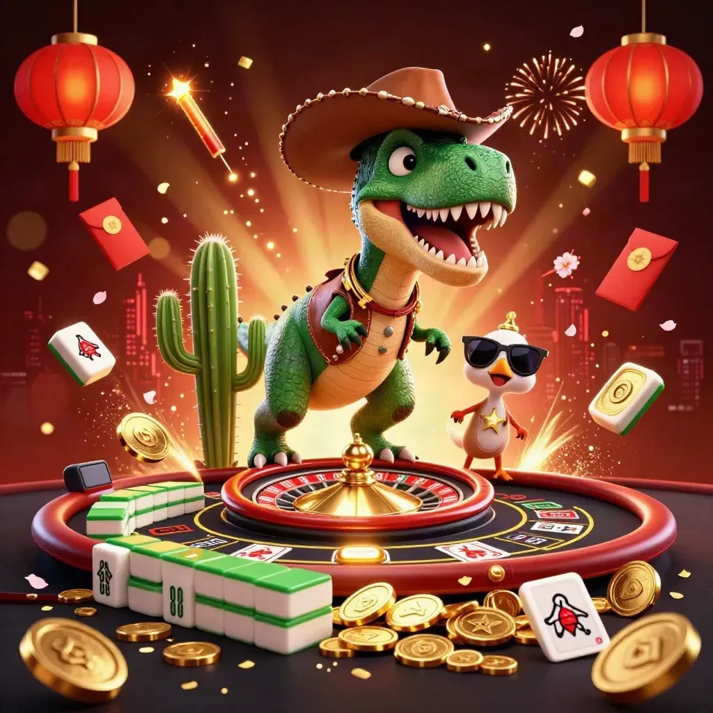 Cowboy T-Rex trio amid gold coins, jade tiles, lanterns, and fireworks in a luxe casino burst.