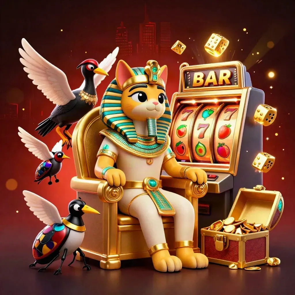 Pharaoh cat, ibis scribe, and gem-winged scarabs amid exploding slot reels and gold on a dark casino backdrop