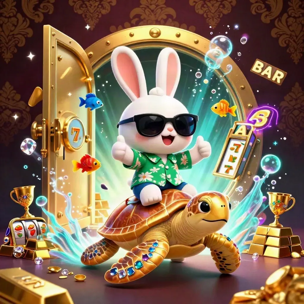 Lucky rabbit rides a gem turtle amid casino treasure, reels, and glowing underwater magic.